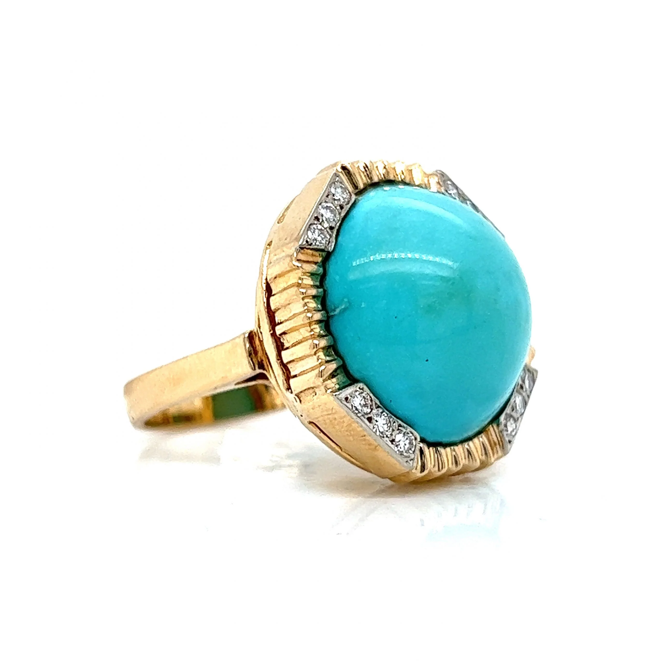 Vintage Round Turquoise & Diamond Ring in 14k Yellow Gold - Image 3