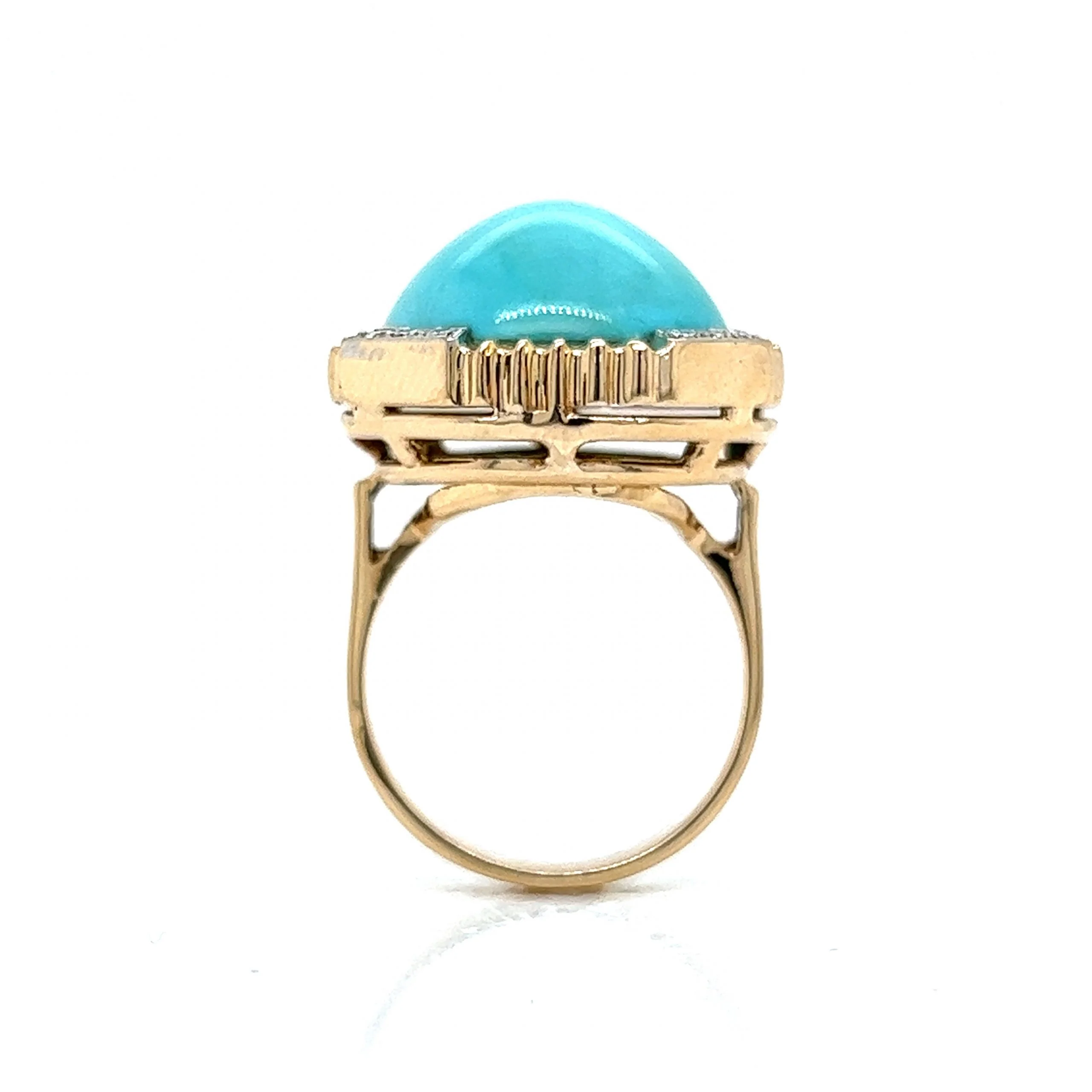 Vintage Round Turquoise & Diamond Ring in 14k Yellow Gold - Image 4