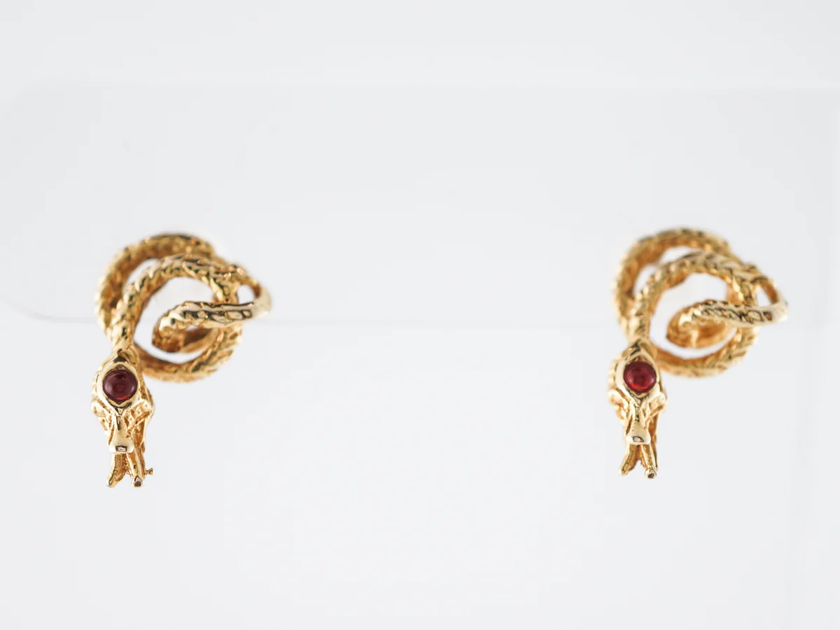 Vintage Snake Earrings Mid-Century .06 Round Cut Rubies in 14k Yellow Gold