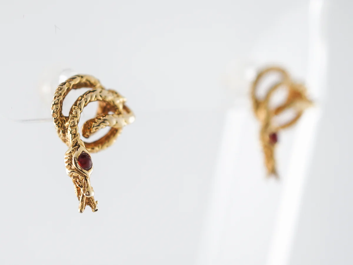 Vintage Snake Earrings Mid-Century .06 Round Cut Rubies in 14k Yellow Gold - Image 2