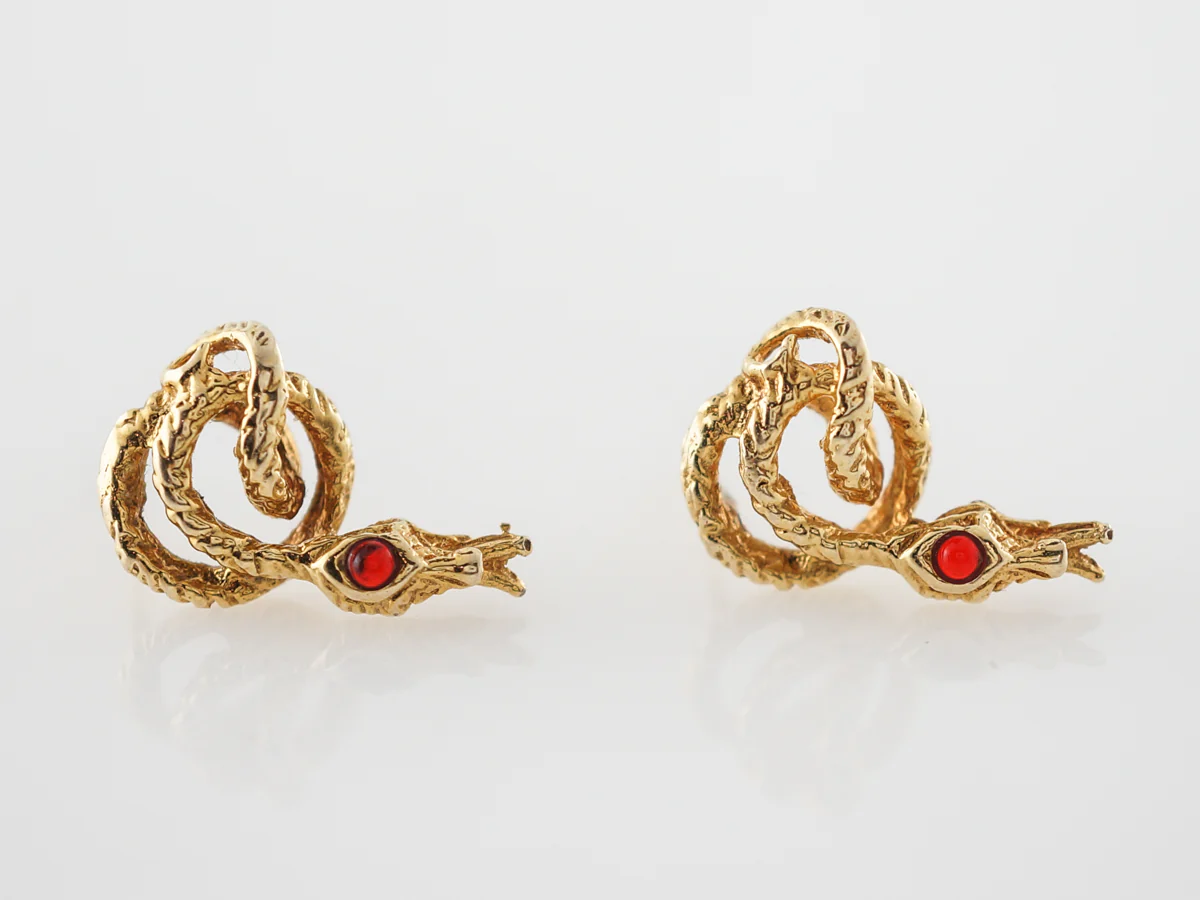 Vintage Snake Earrings Mid-Century .06 Round Cut Rubies in 14k Yellow Gold - Image 3