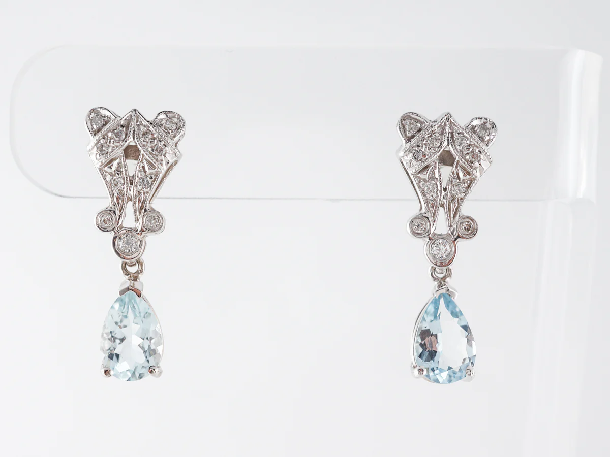 Vintage Style Aquamarine & Diamond Earrings in 14k