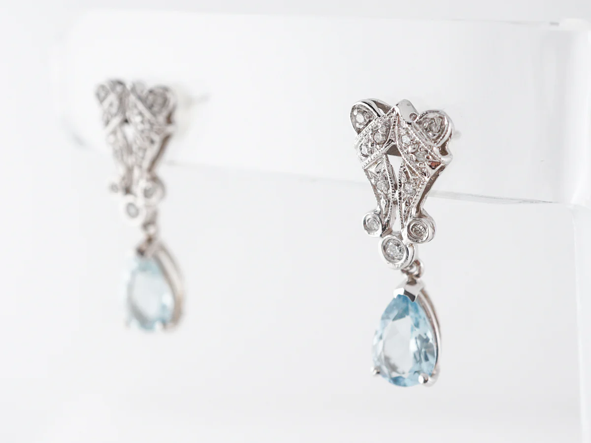 Vintage Style Aquamarine & Diamond Earrings in 14k - Image 2