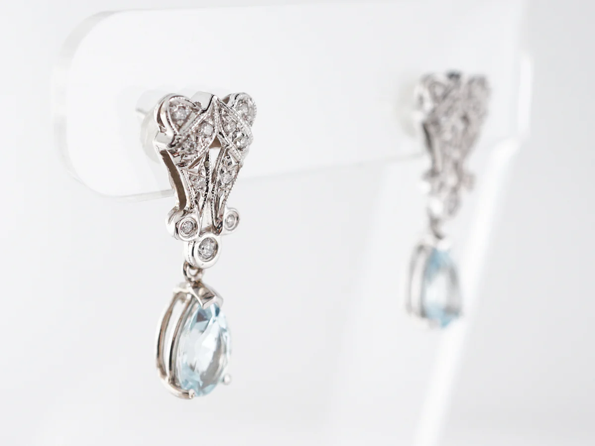Vintage Style Aquamarine & Diamond Earrings in 14k - Image 3