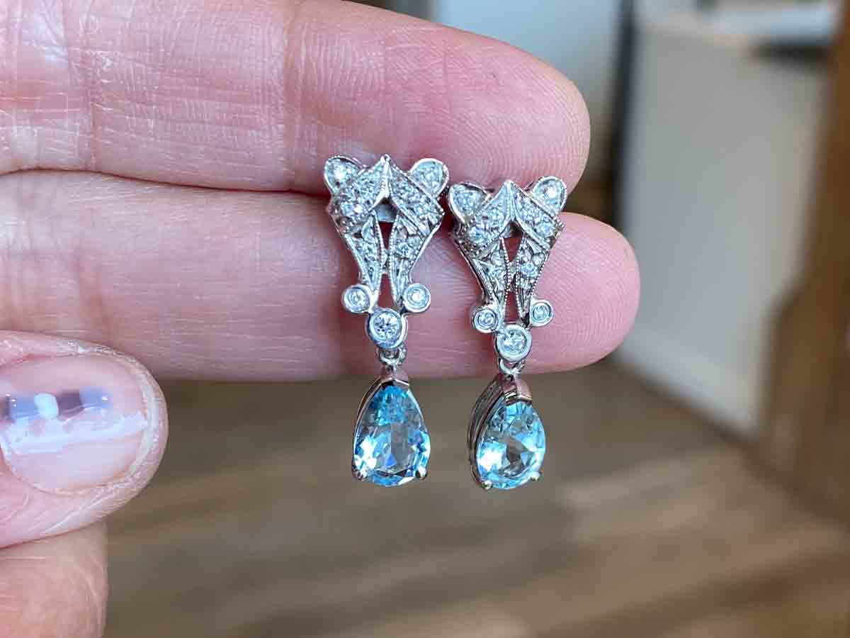 Vintage Style Aquamarine & Diamond Earrings in 14k - Image 5
