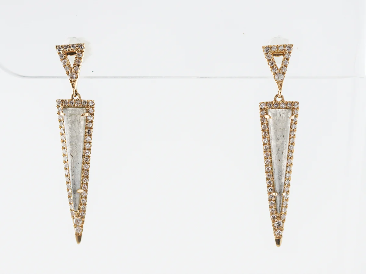 Vintage Style Dangle Earrings Cabochon Cut Labradorite in Yellow Gold