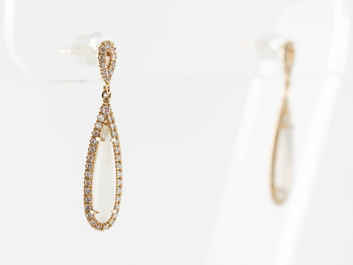 Vintage Style Dangle Earrings Cabochon Cut Moonstone in Yellow Gold - Image 2