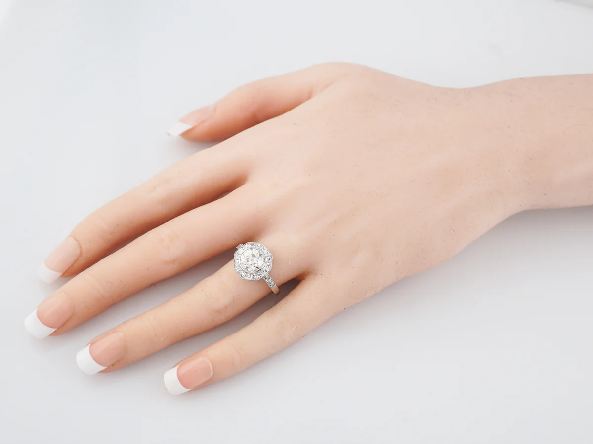 Vintage Style Diamond Halo Engagement Ring in Platinum - Image 7