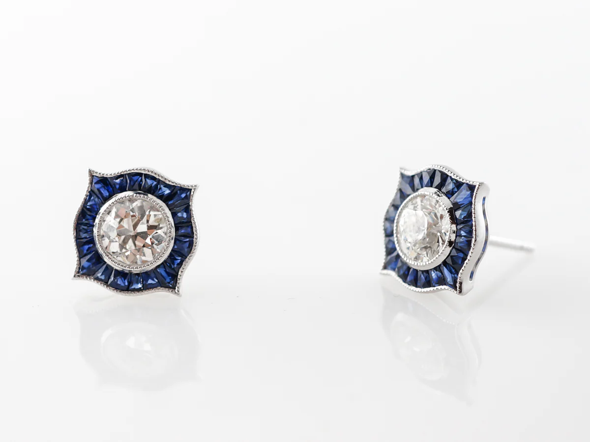 Vintage Style Diamond Stud Earrings w/ Sapphire Accents - Image 2