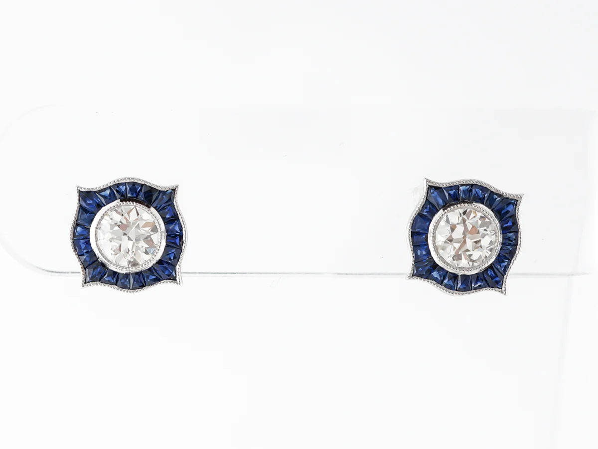 Vintage Style Diamond Stud Earrings w/ Sapphire Accents - Image 3