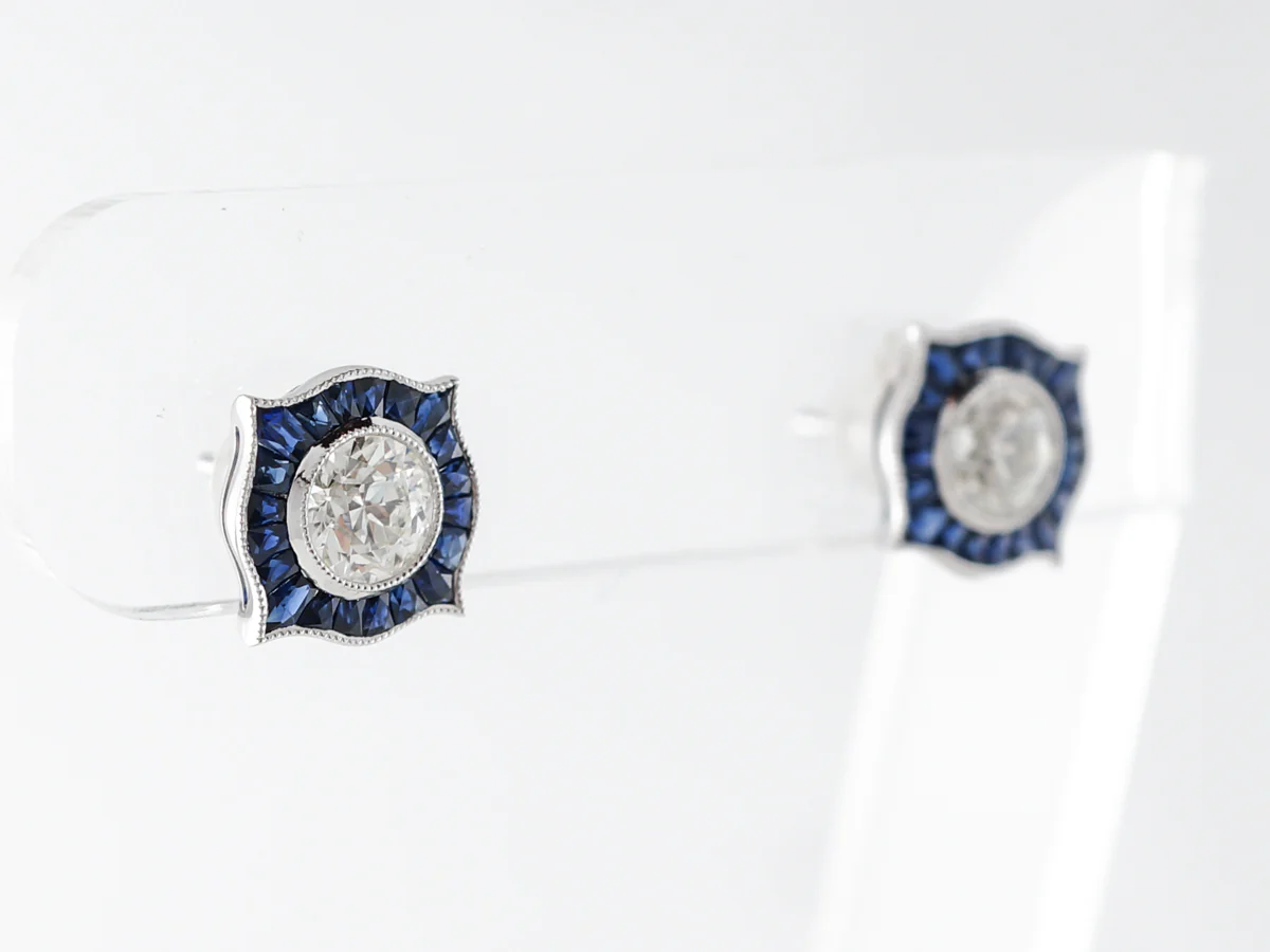 Vintage Style Diamond Stud Earrings w/ Sapphire Accents - Image 4