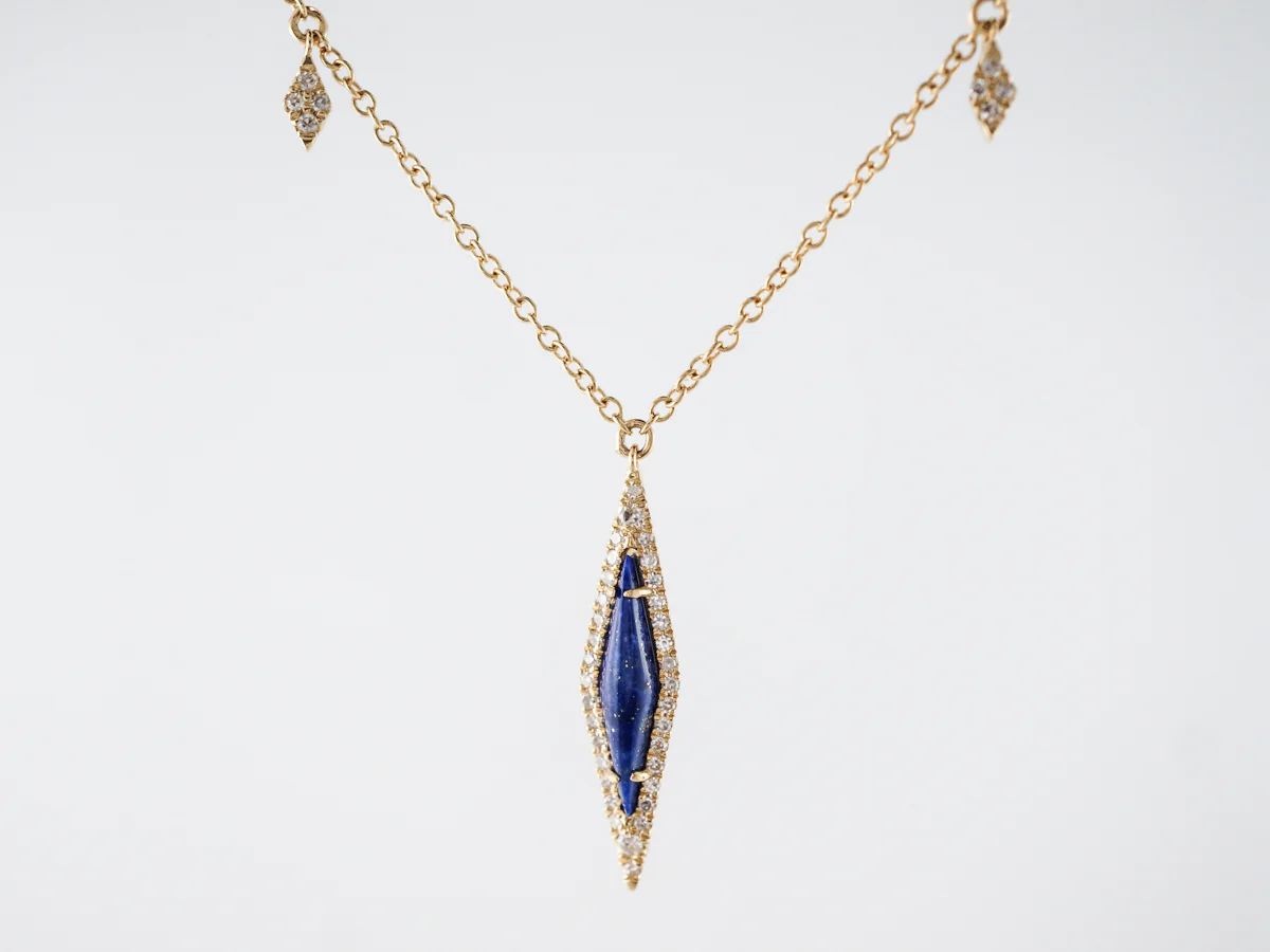 Vintage Style Necklace Cabochon Cut Lapis & Single Cut Diamonds in Yellow Gold - Image 2