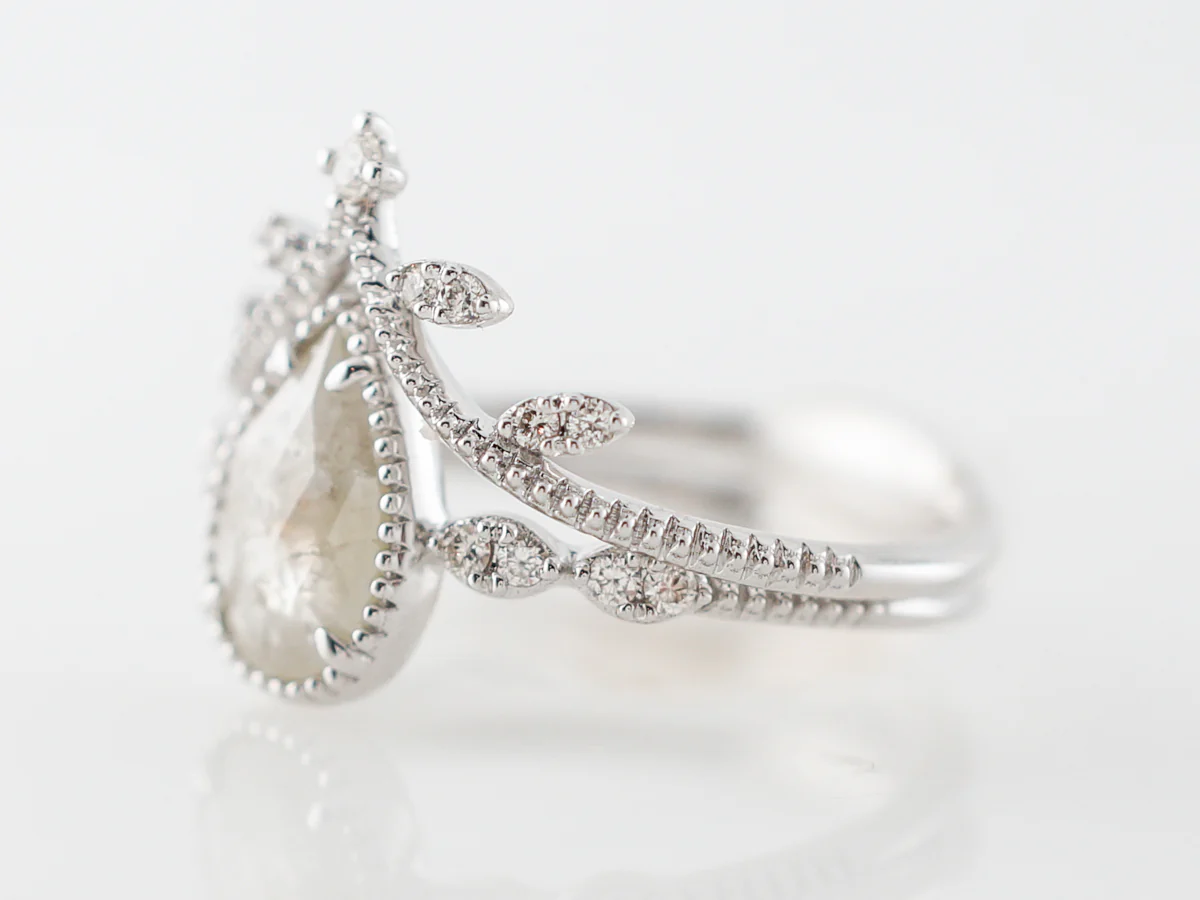 Vintage Style Pear Cut Grey Diamond Engagement Ring & Wedding Band - Image 2