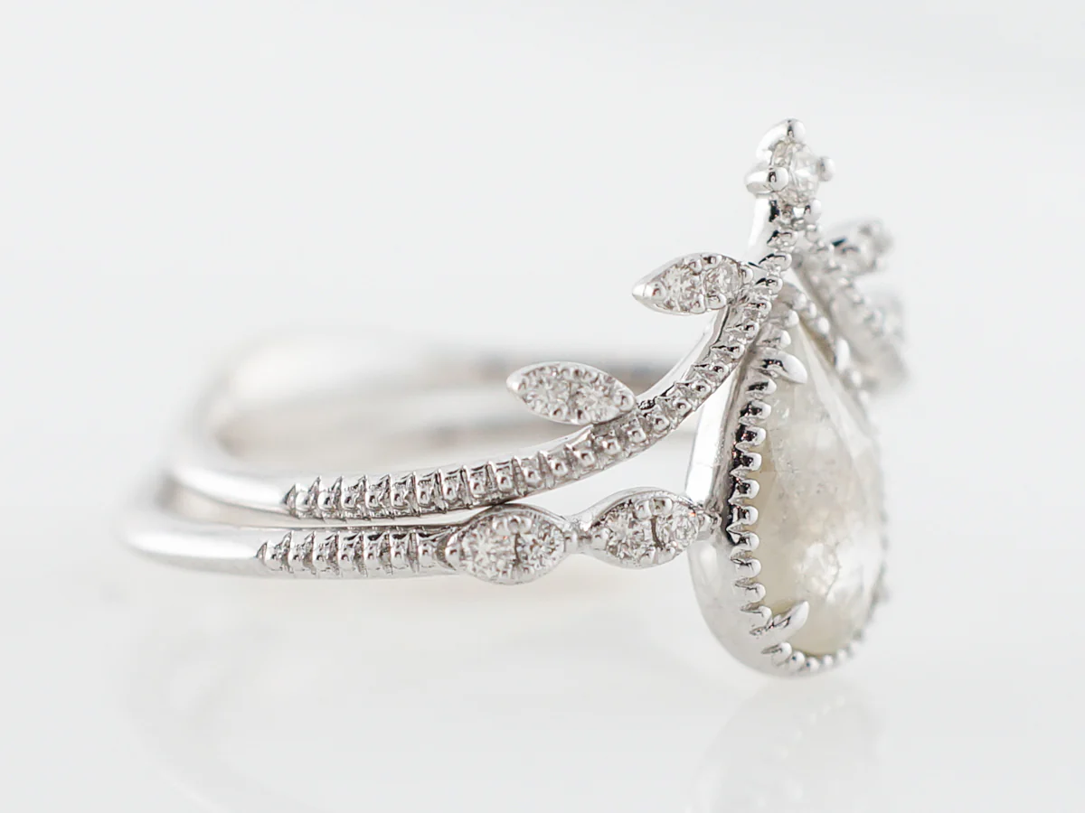 Vintage Style Pear Cut Grey Diamond Engagement Ring & Wedding Band - Image 3