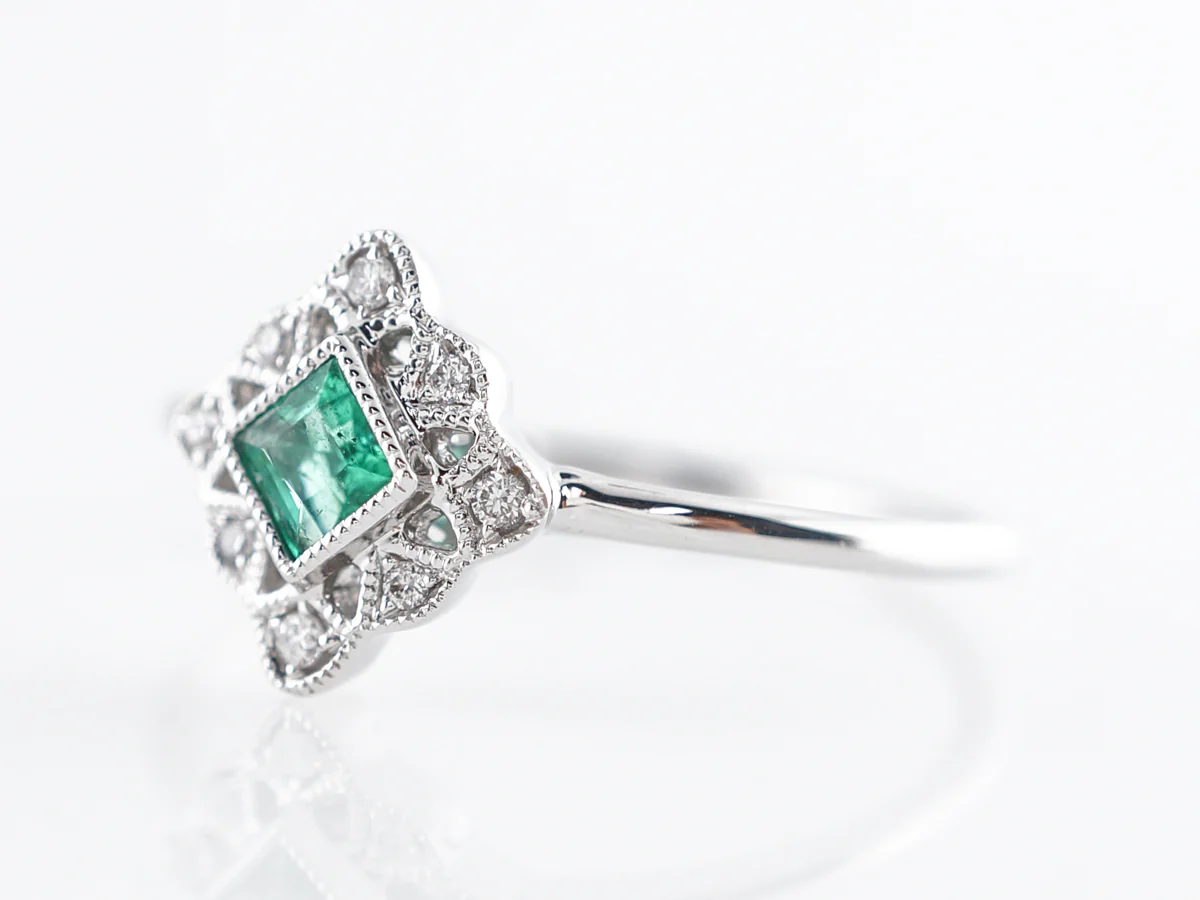 Vintage Style Square Cut Emerald Cocktail Ring in 14k - Image 2