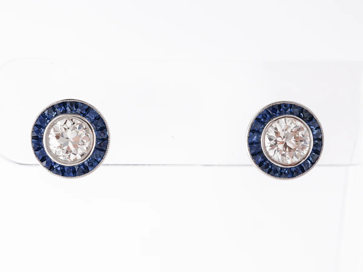 Vintage Style Stud Earrings w/ Diamonds & Sapphire Accents