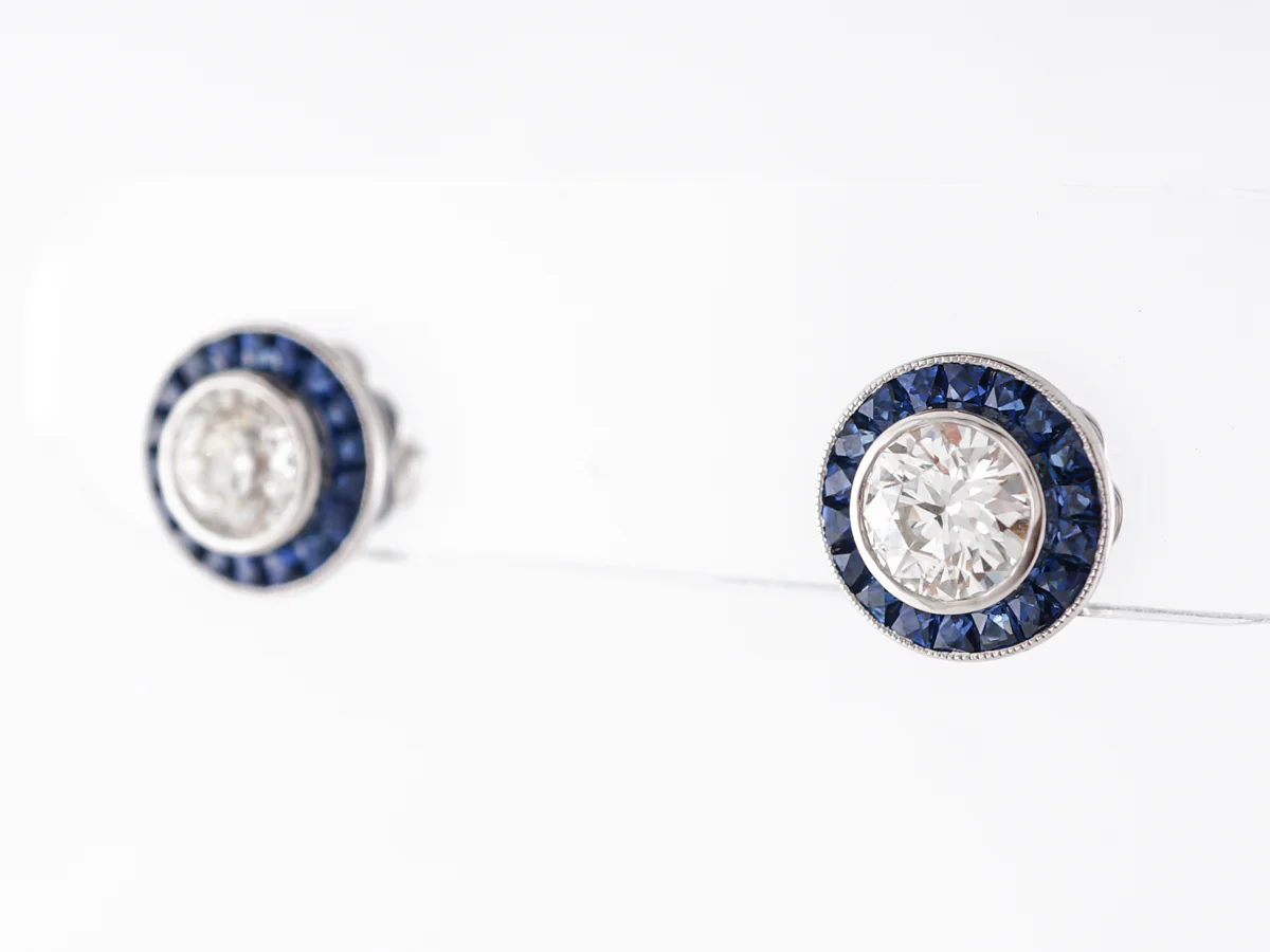 Vintage Style Stud Earrings w/ Diamonds & Sapphire Accents - Image 3