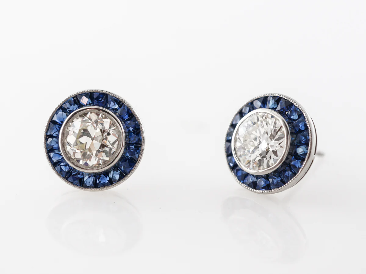 Vintage Style Stud Earrings w/ Diamonds & Sapphire Accents - Image 4