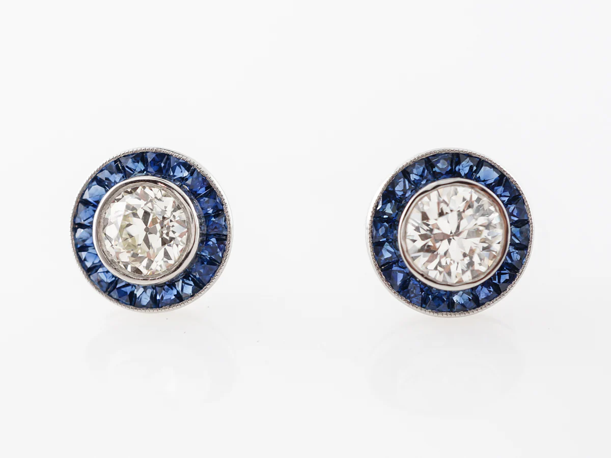Vintage Style Stud Earrings w/ Diamonds & Sapphire Accents - Image 5