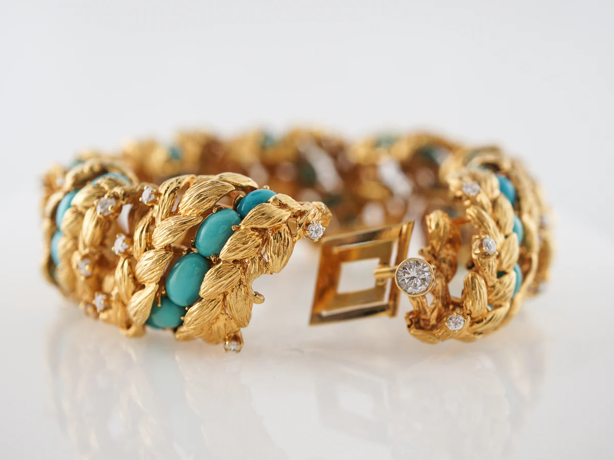 *RTV 9/4/19**Vintage Turquoise & Diamond Bracelet in Yellow Gold - Image 2