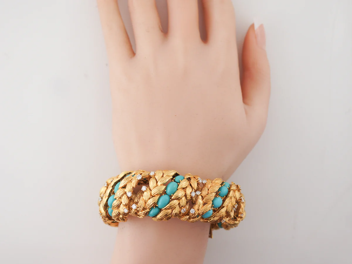 *RTV 9/4/19**Vintage Turquoise & Diamond Bracelet in Yellow Gold - Image 3