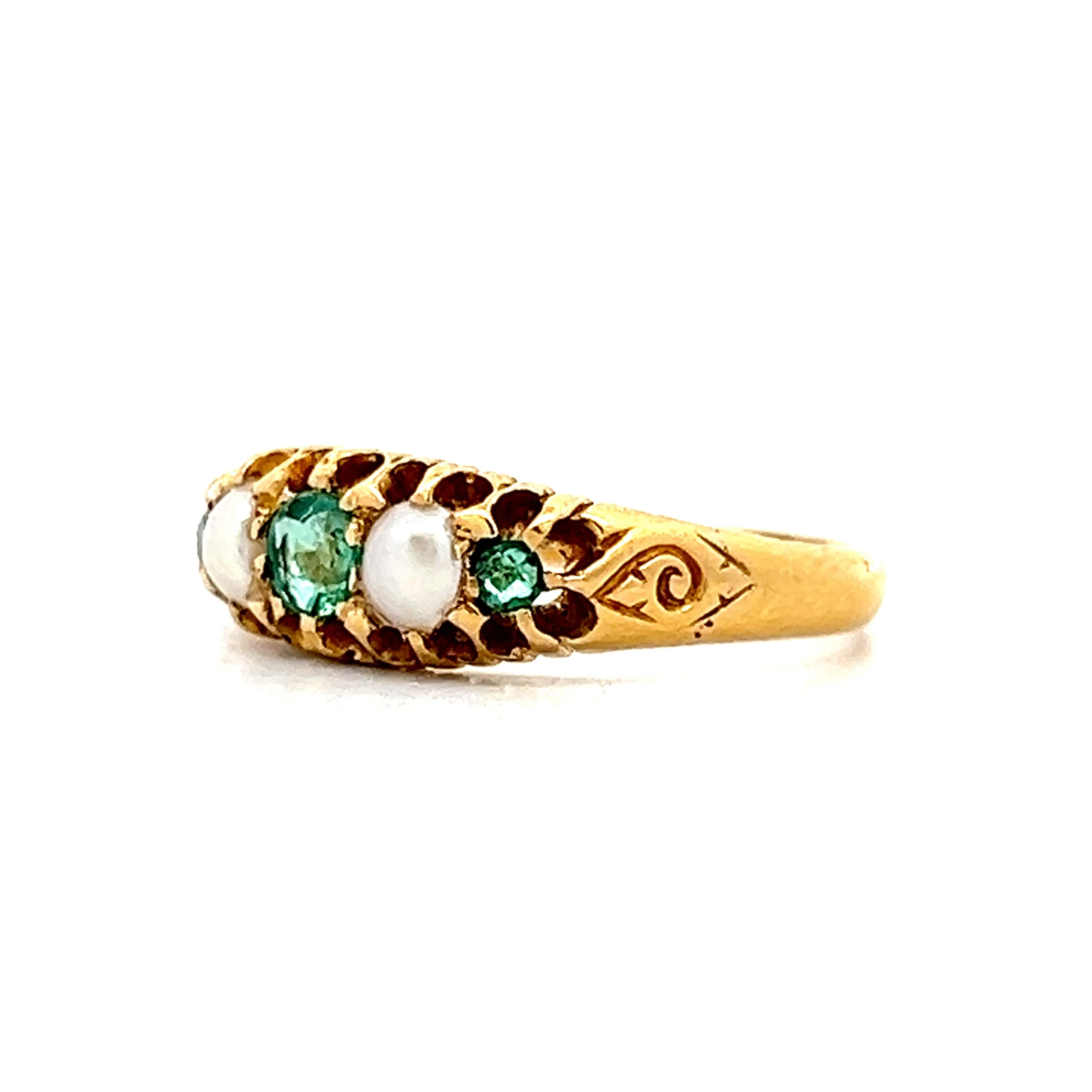 Vintage Victorian .10 Emerald & Pearl Ring in Yellow Gold - Image 2