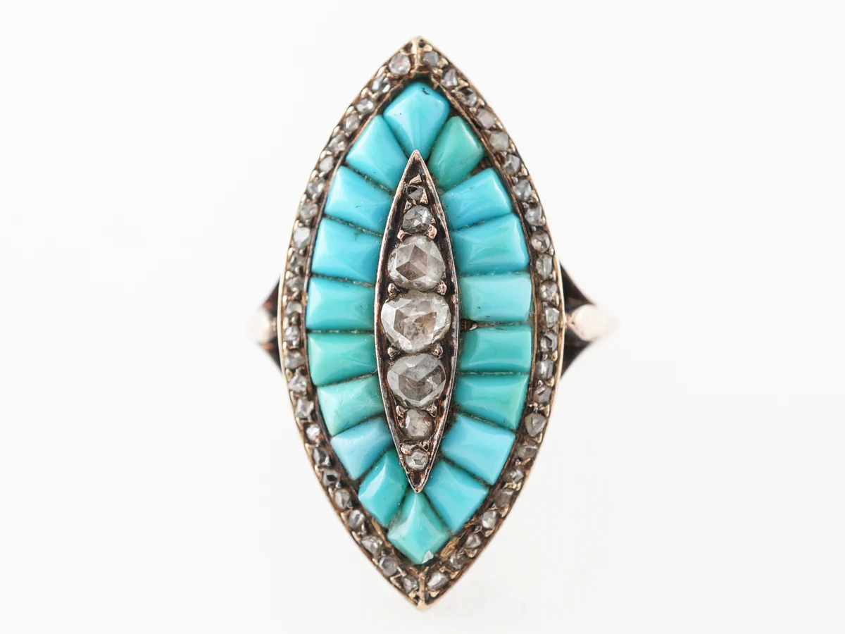 Vintage Victorian Diamond & Turquoise Ring in Rose Gold