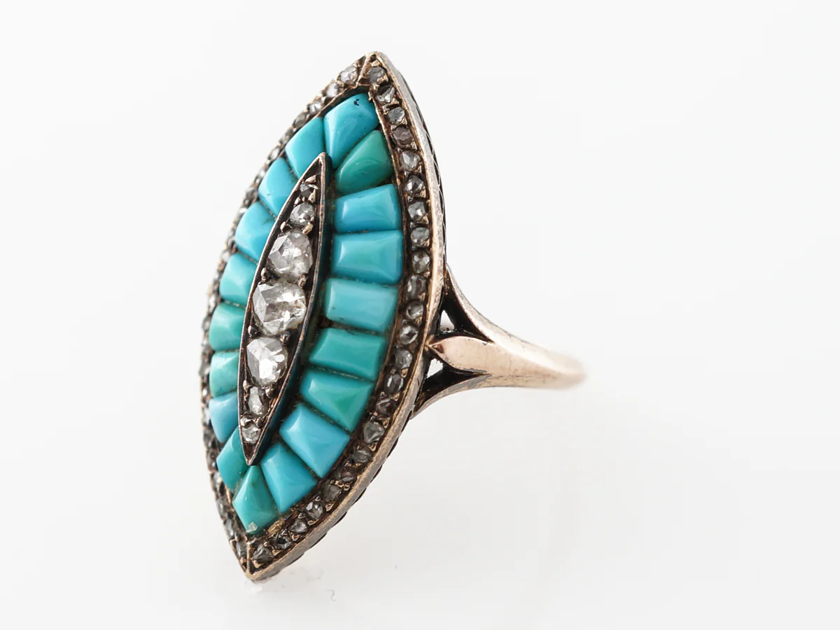 Vintage Victorian Diamond & Turquoise Ring in Rose Gold - Image 2