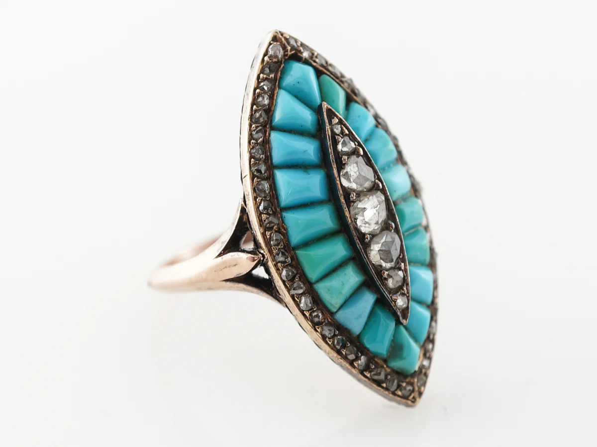 Vintage Victorian Diamond & Turquoise Ring in Rose Gold - Image 3