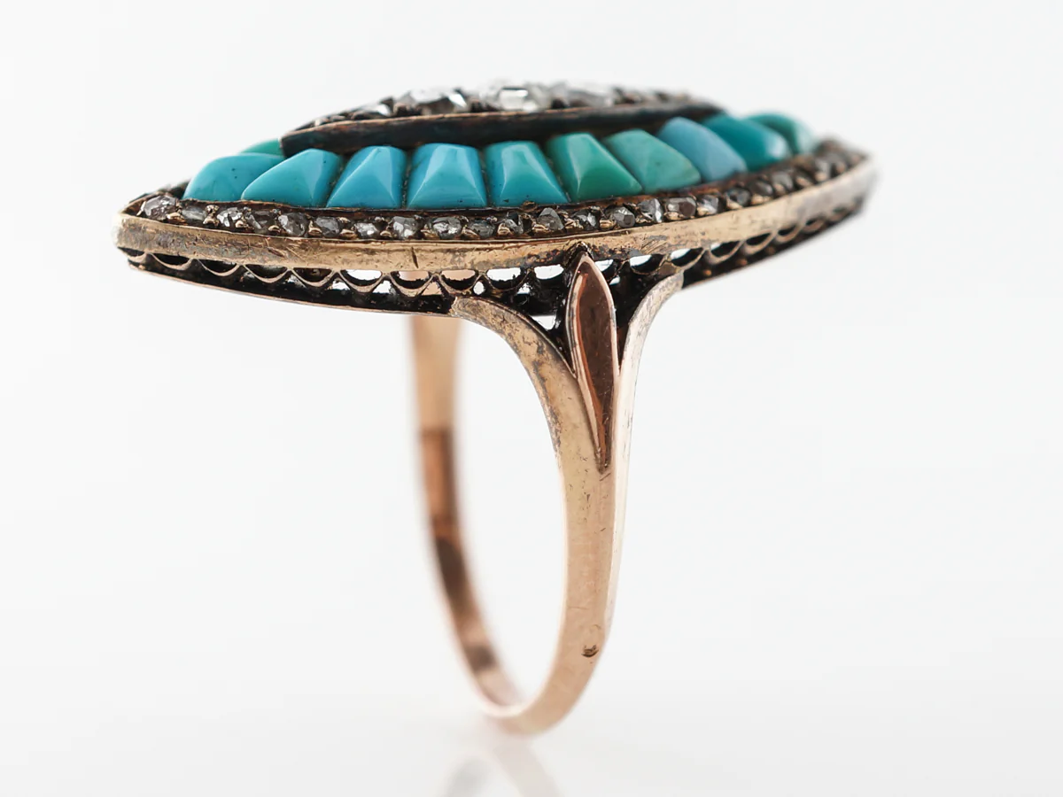 Vintage Victorian Diamond & Turquoise Ring in Rose Gold - Image 4