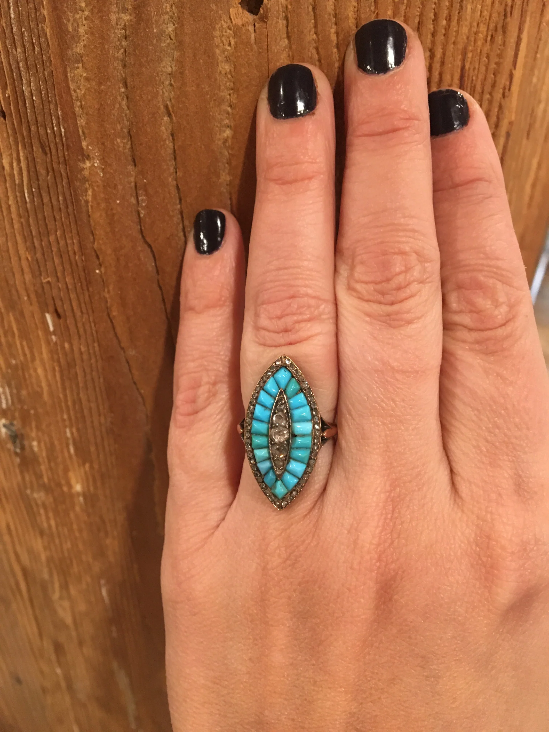 Vintage Victorian Diamond & Turquoise Ring in Rose Gold - Image 5