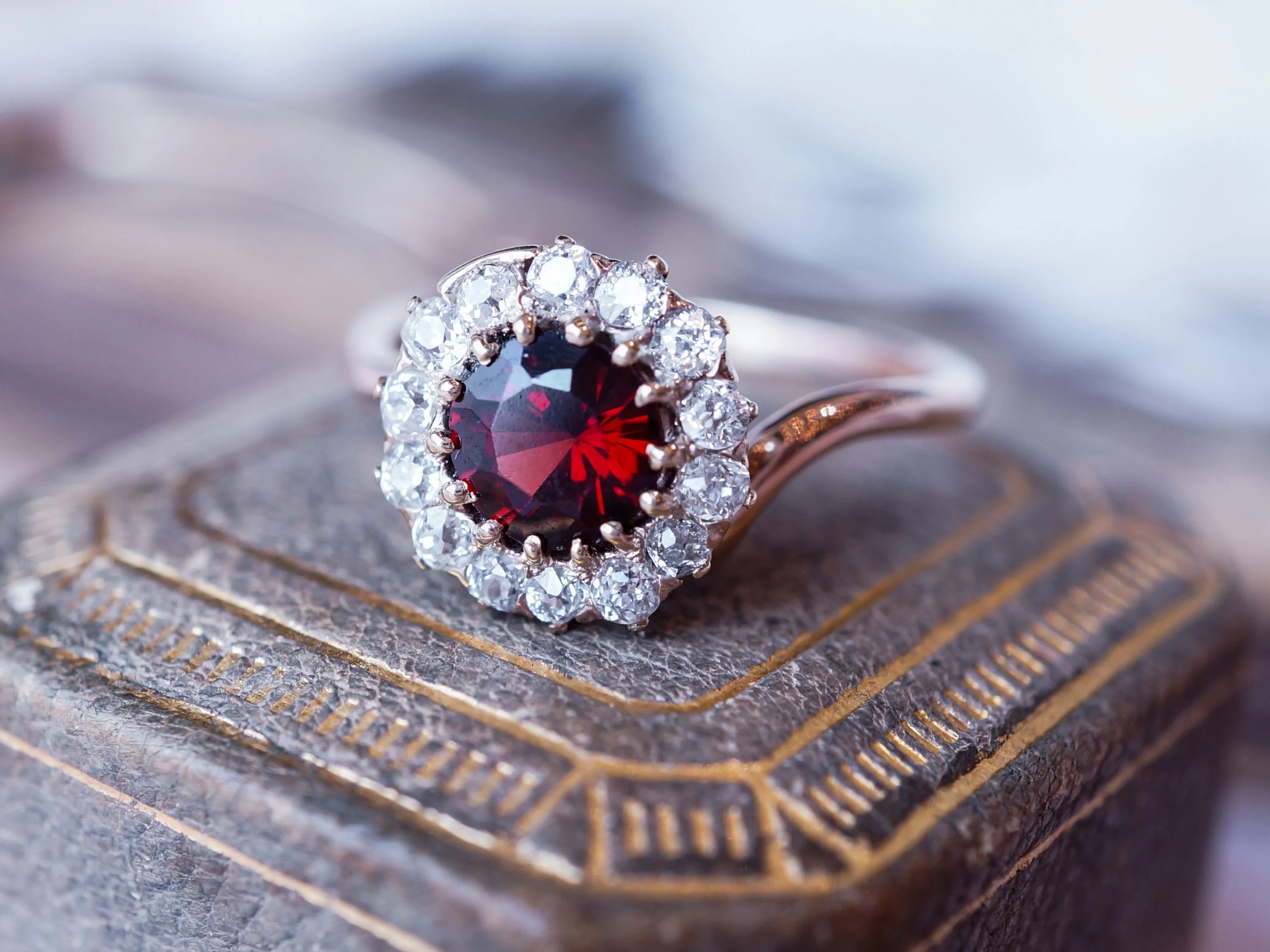 Vintage Victorian Garnet & Diamond Halo Ring in 14k - Image 6