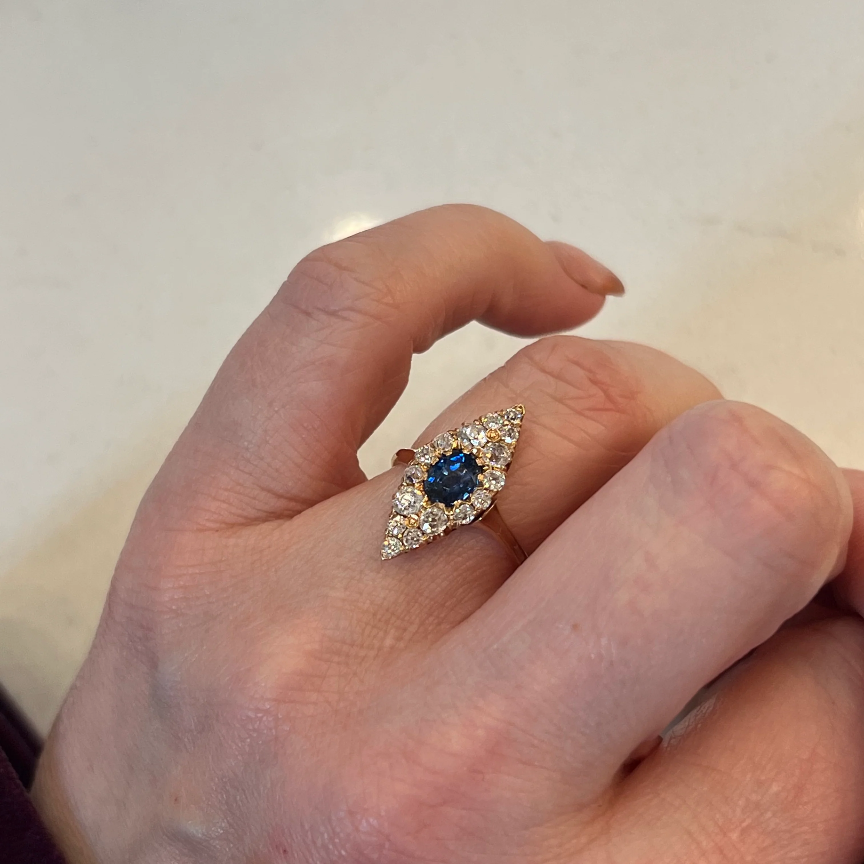 Vintage Victorian Navette Ring with Diamond & Sapphire - Image 6
