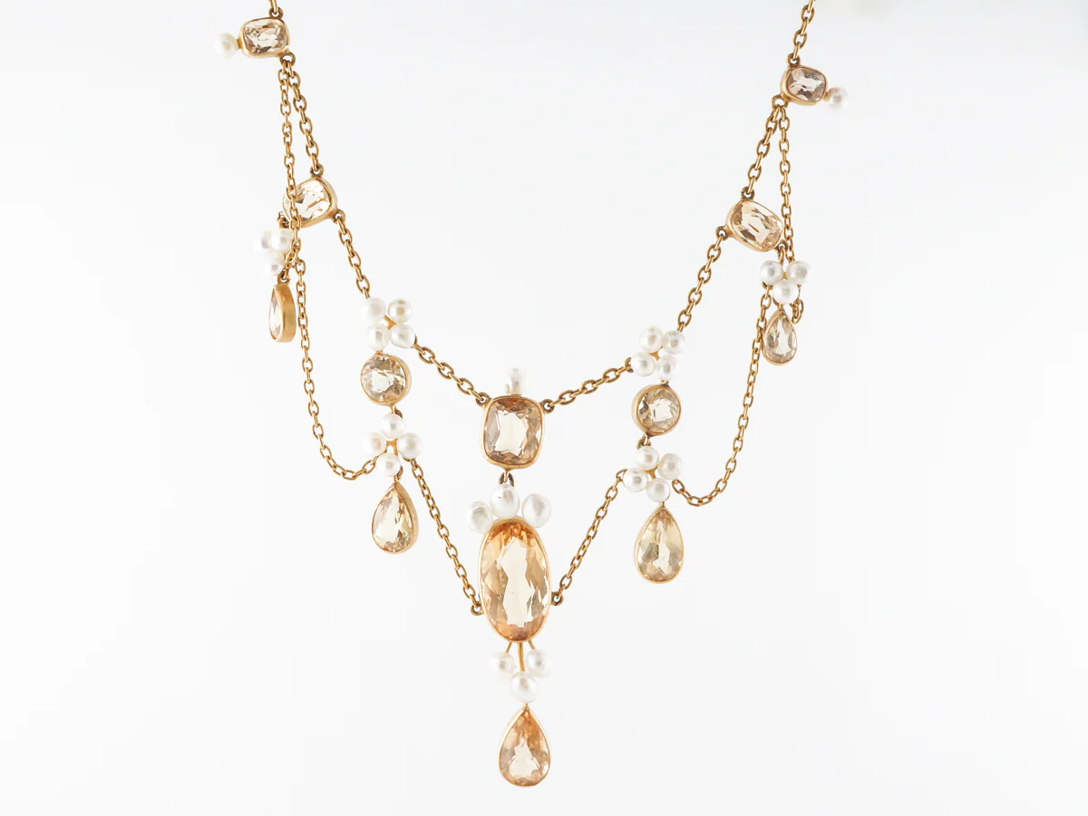 Vintage Victorian Necklace w/ Golden Topaz & Pearl in Yellow Gold
