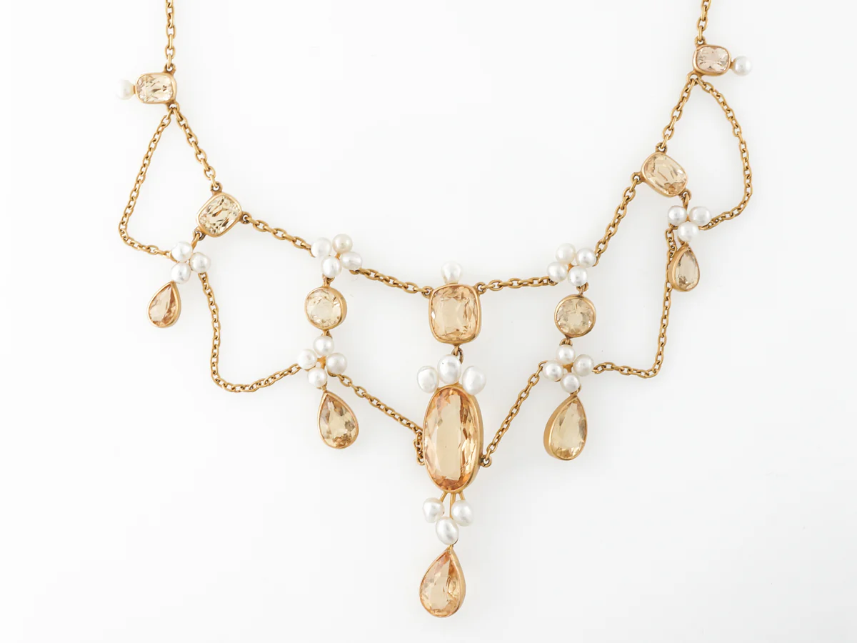 Vintage Victorian Necklace w/ Golden Topaz & Pearl in Yellow Gold - Image 2