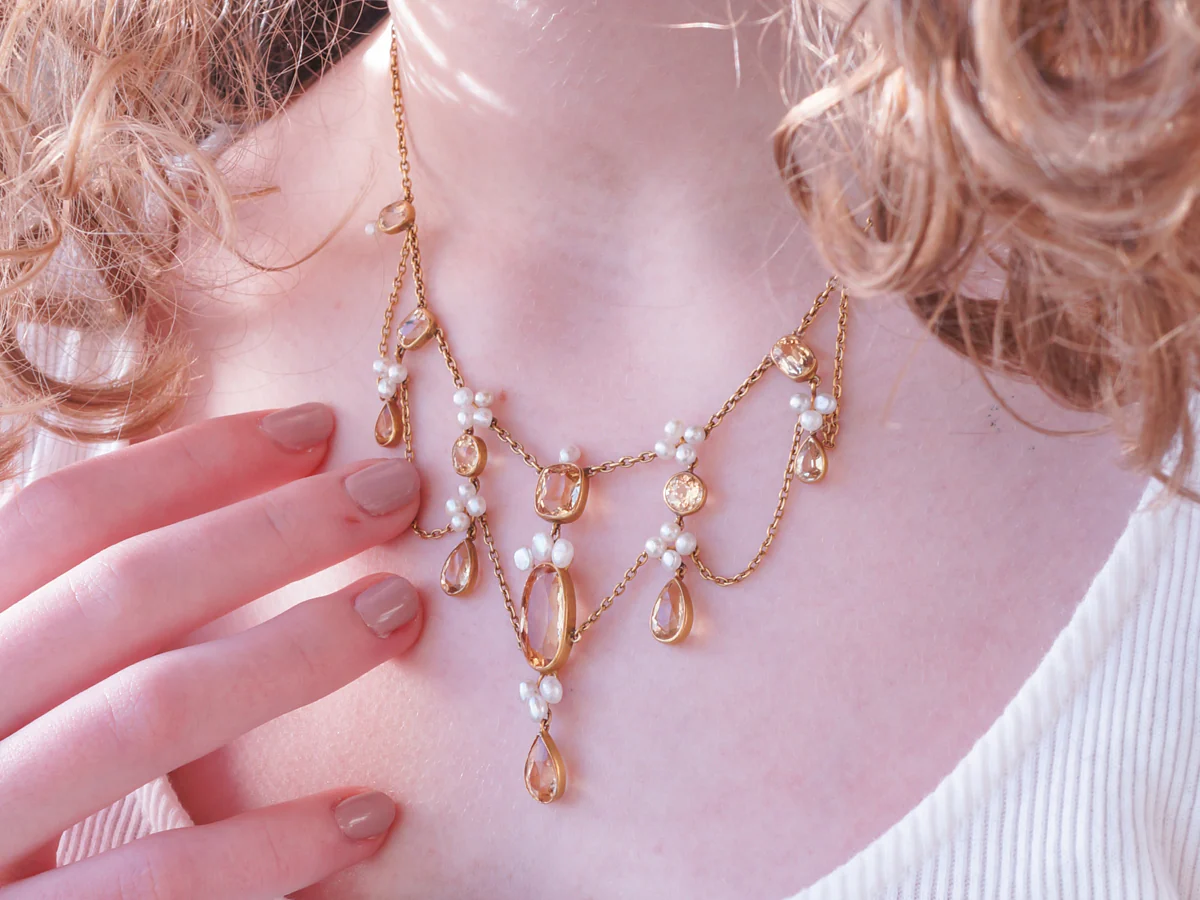 Vintage Victorian Necklace w/ Golden Topaz & Pearl in Yellow Gold - Image 3