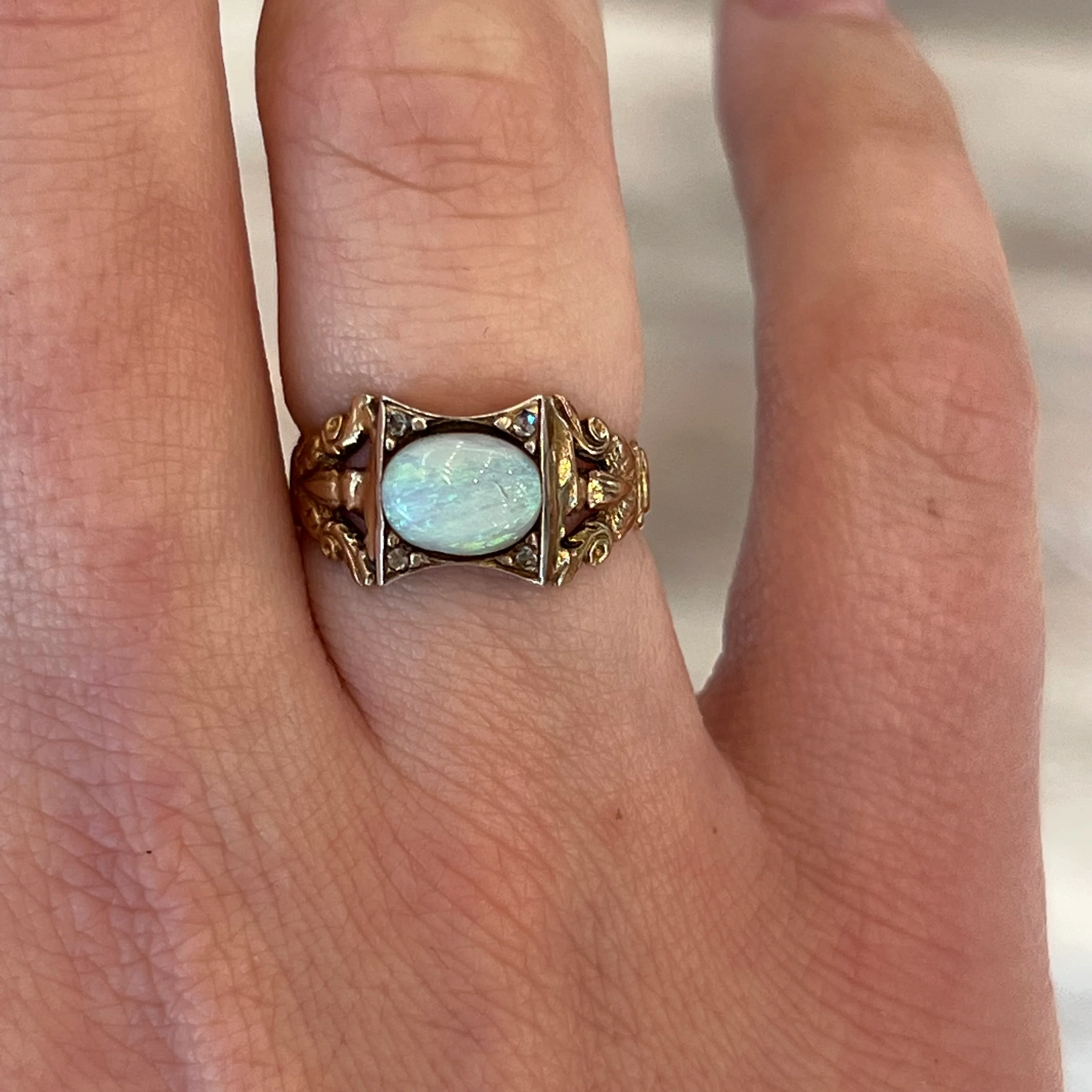 Vintage Victorian Opal & Diamond Ring 14k Yellow Gold & Platinum - Image 6