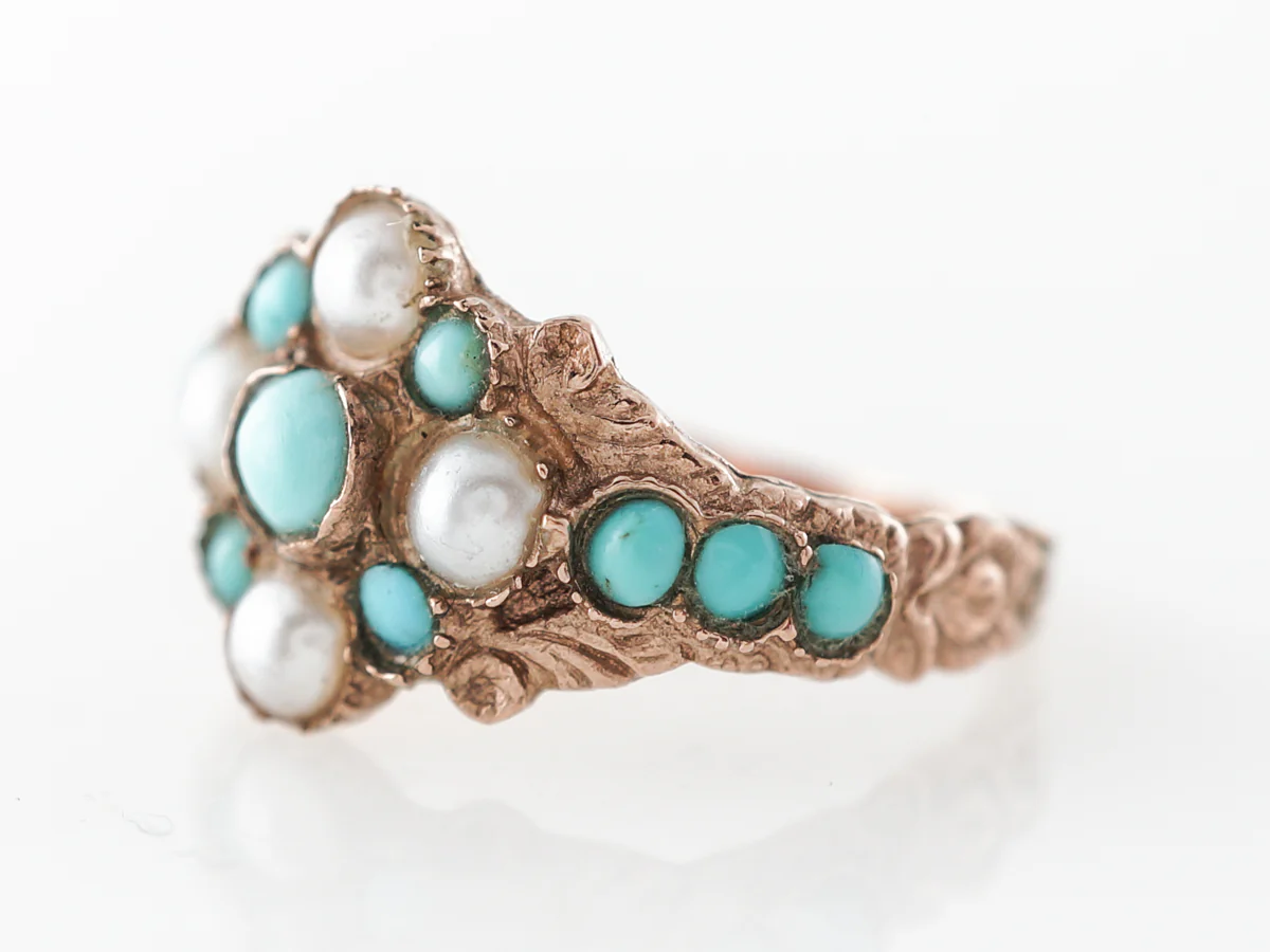 Vintage Victorian Turquoise & Pearl Ring in 9k Yellow Gold - Image 2