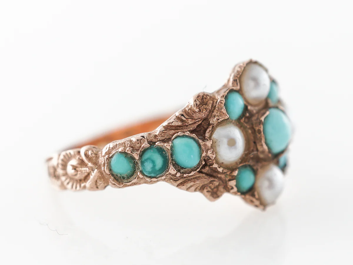 Vintage Victorian Turquoise & Pearl Ring in 9k Yellow Gold - Image 3