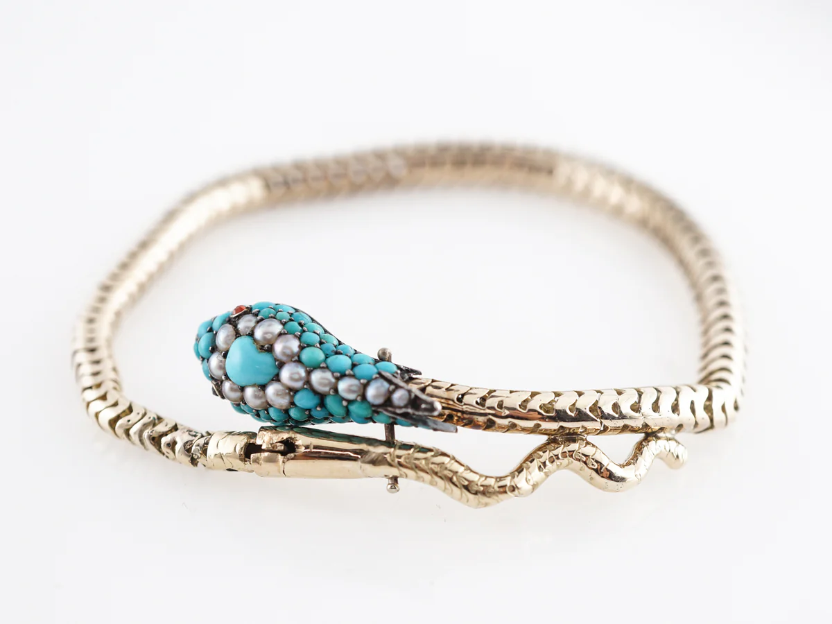 Vintage Victorian Turquoise & Pearl w/ Ruby Snake Bracelet