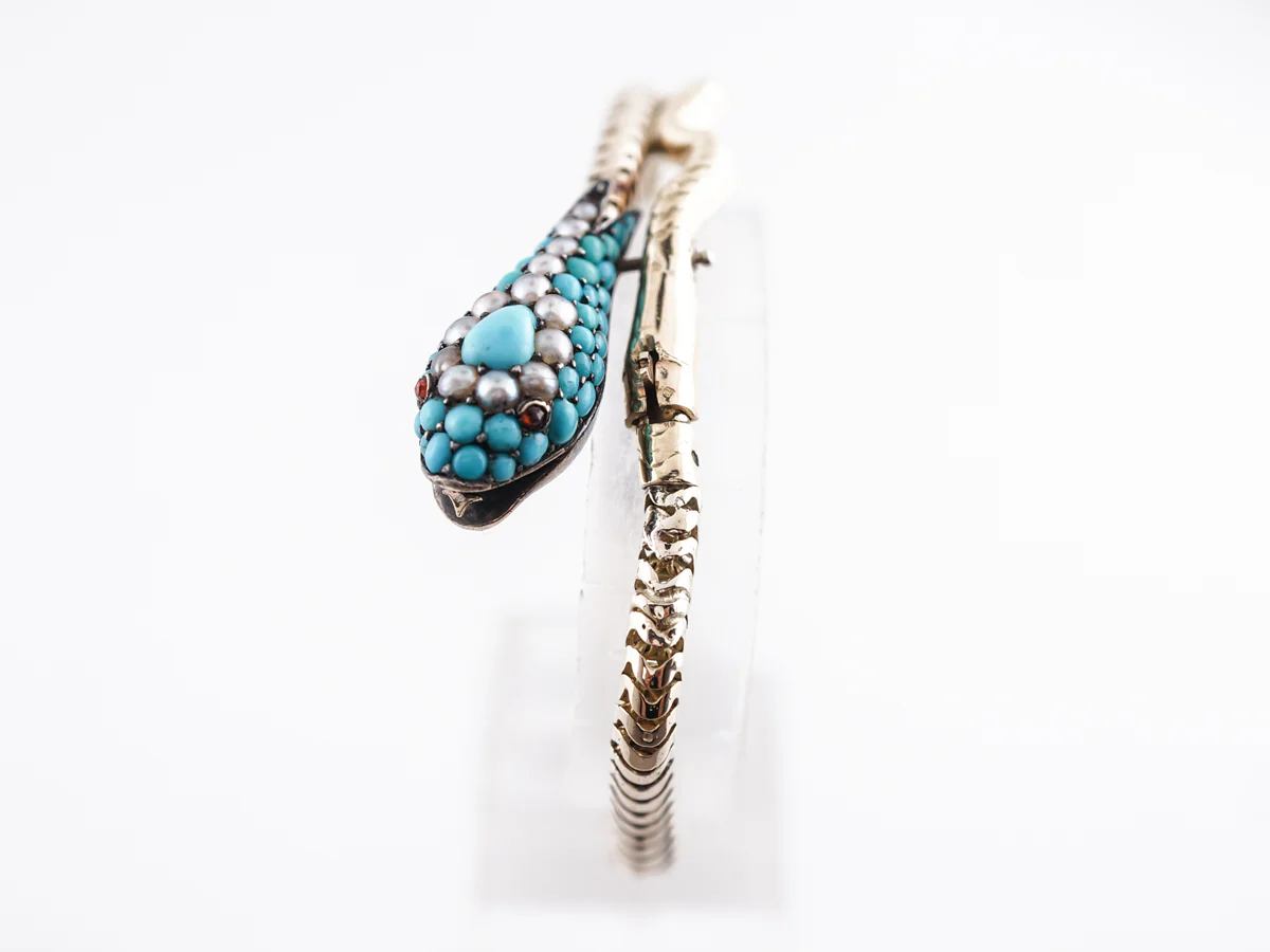 Vintage Victorian Turquoise & Pearl w/ Ruby Snake Bracelet - Image 3