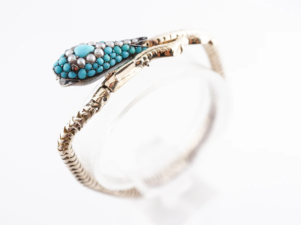 Vintage Victorian Turquoise & Pearl w/ Ruby Snake Bracelet - Image 4