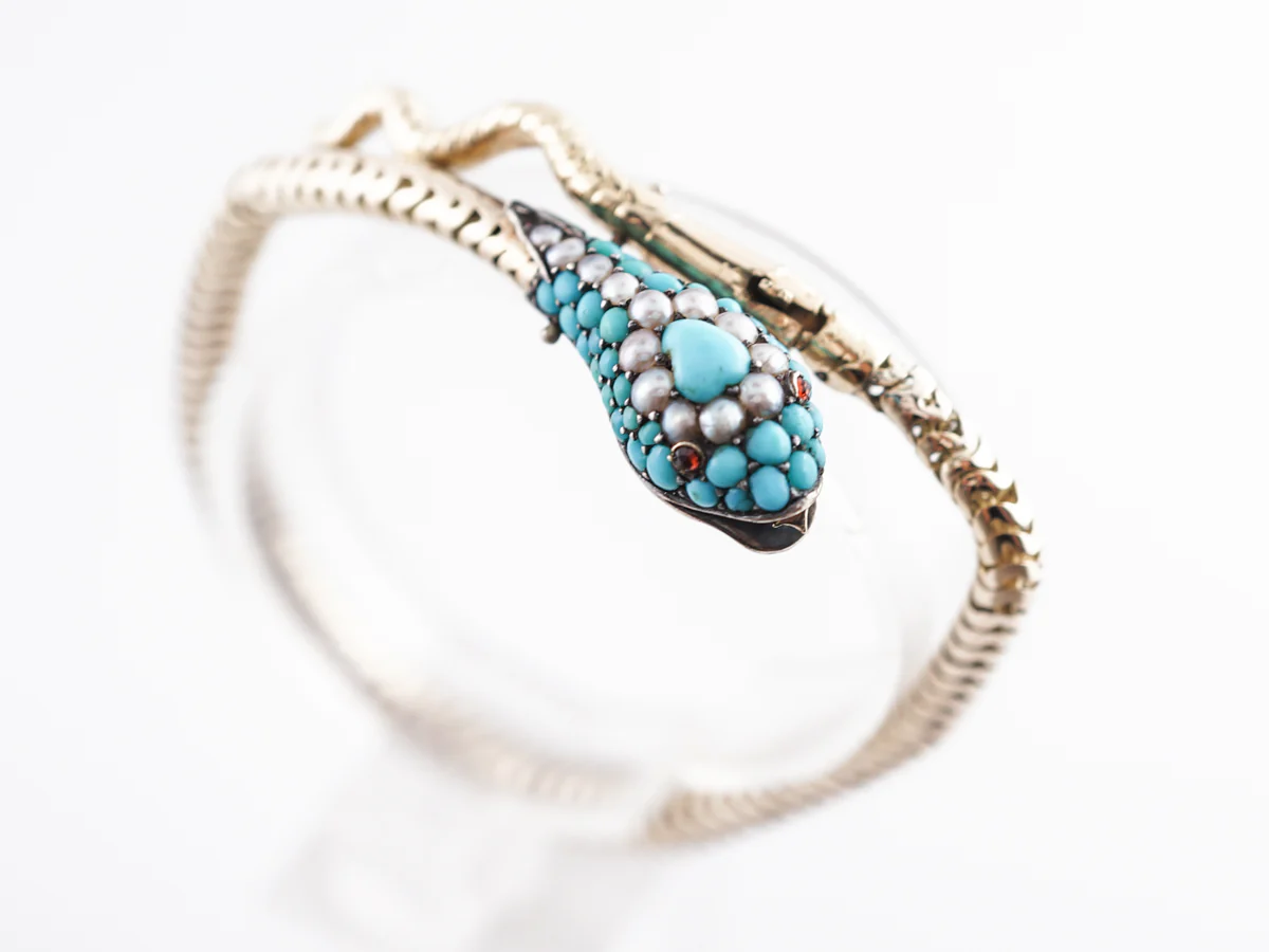Vintage Victorian Turquoise & Pearl w/ Ruby Snake Bracelet - Image 5