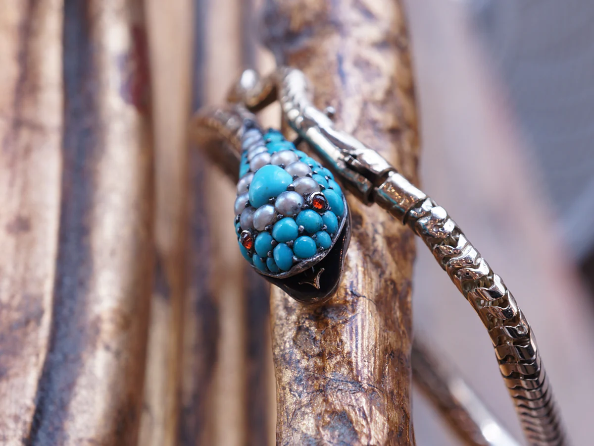 Vintage Victorian Turquoise & Pearl w/ Ruby Snake Bracelet - Image 6