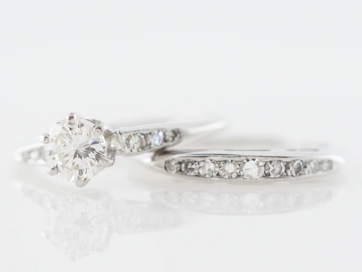 Vintage Wedding Set w/ Half Carat Diamond in White Gold - Image 4