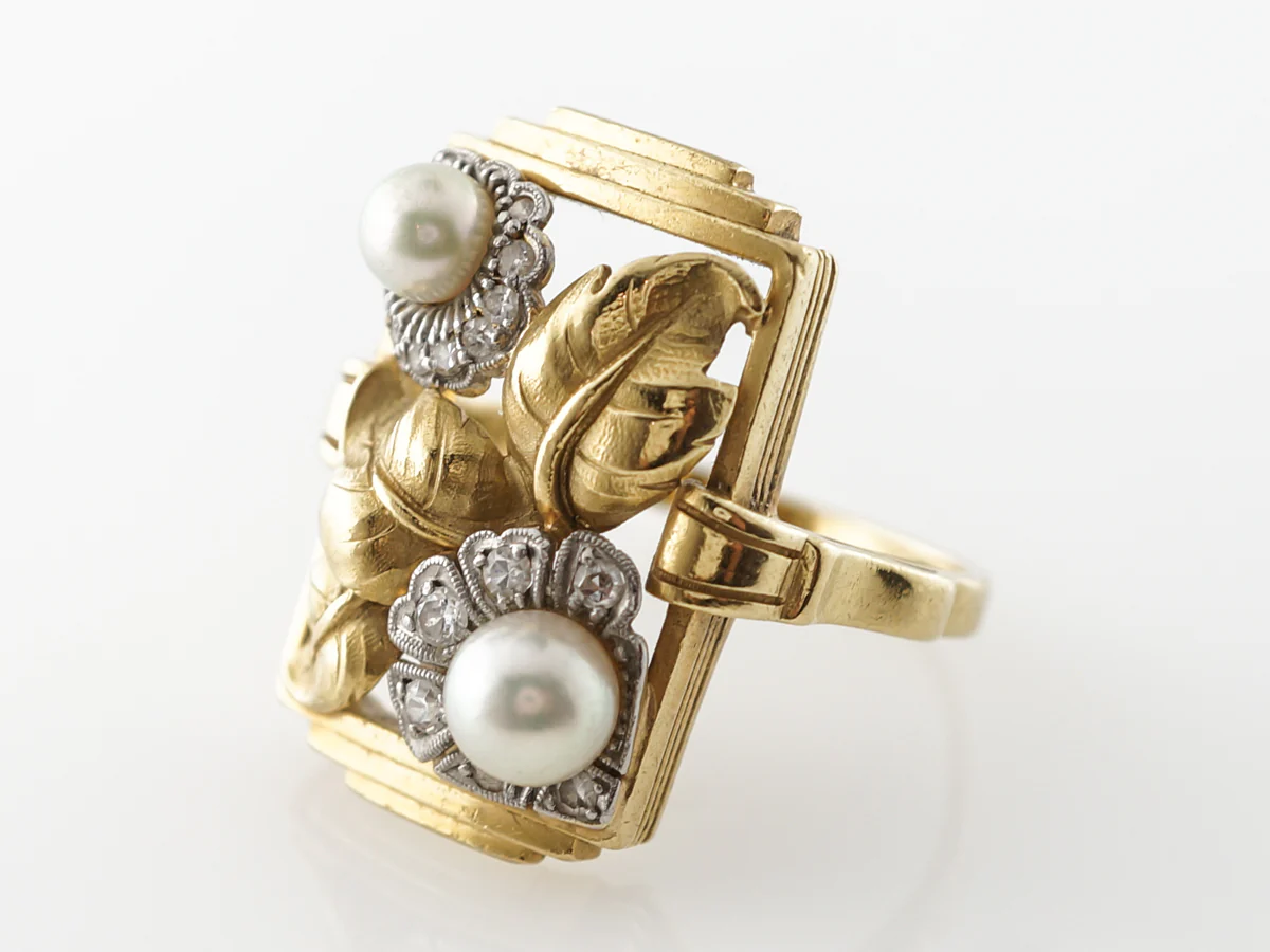 Vintage Weiss Jewelers Art Nouveau Diamonds & Pearl Ring - Image 2