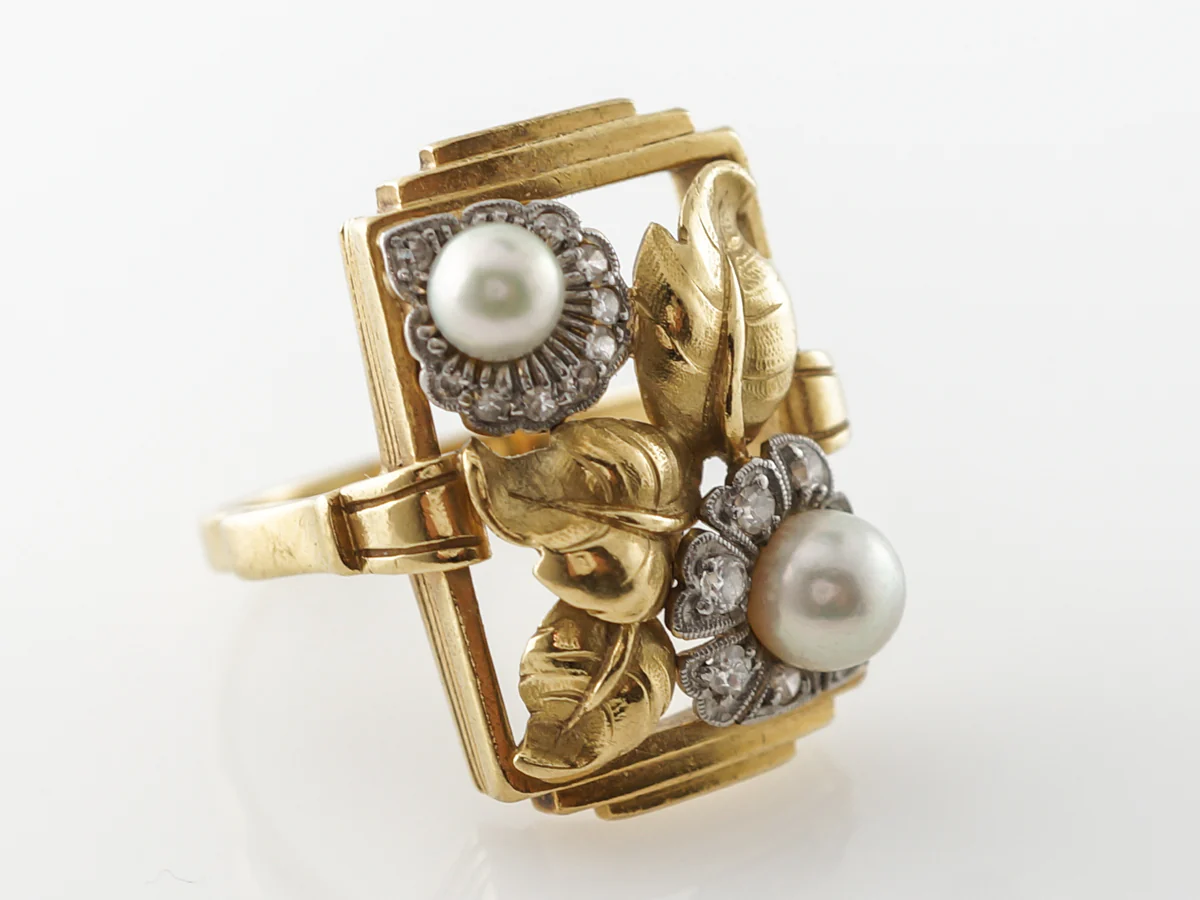 Vintage Weiss Jewelers Art Nouveau Diamonds & Pearl Ring - Image 3