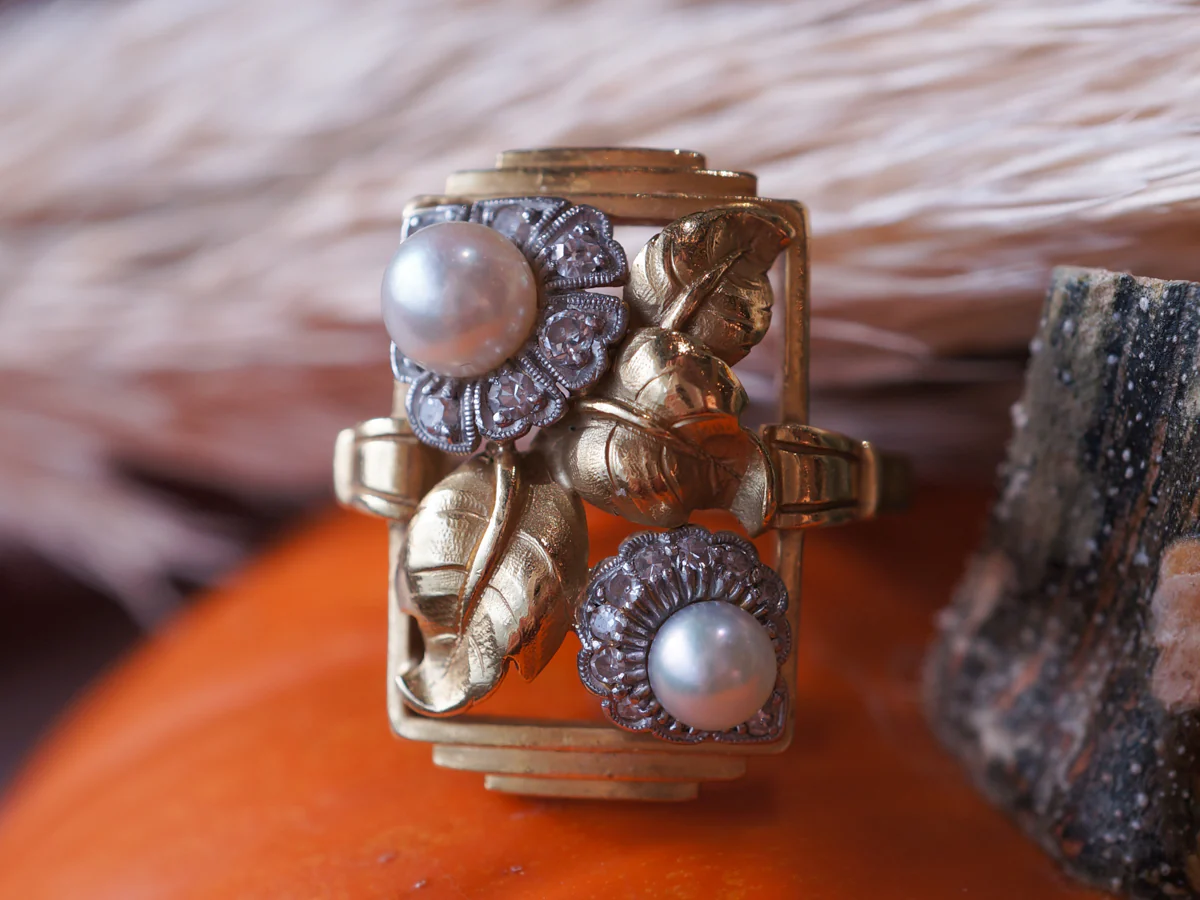 Vintage Weiss Jewelers Art Nouveau Diamonds & Pearl Ring - Image 6
