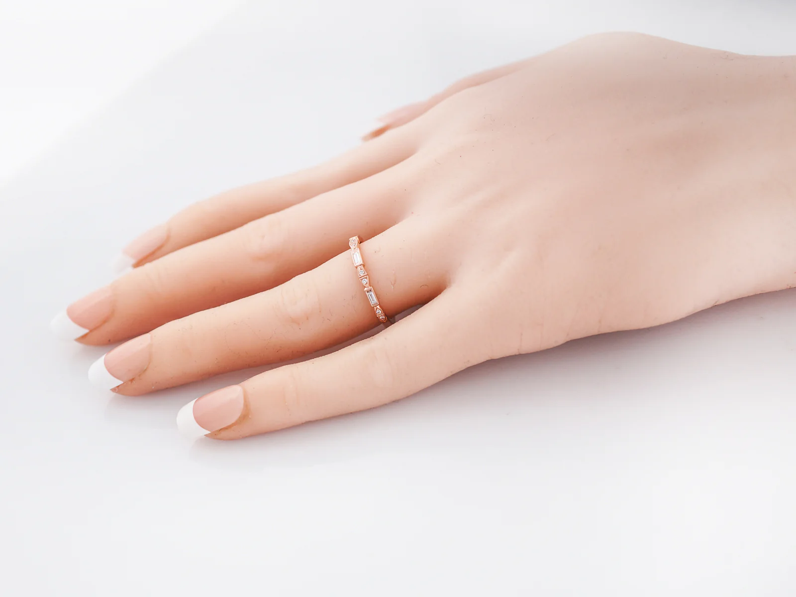 Modern Wedding Band .15 Baguette Cut in Diamond 14k Rose Gold - Image 8
