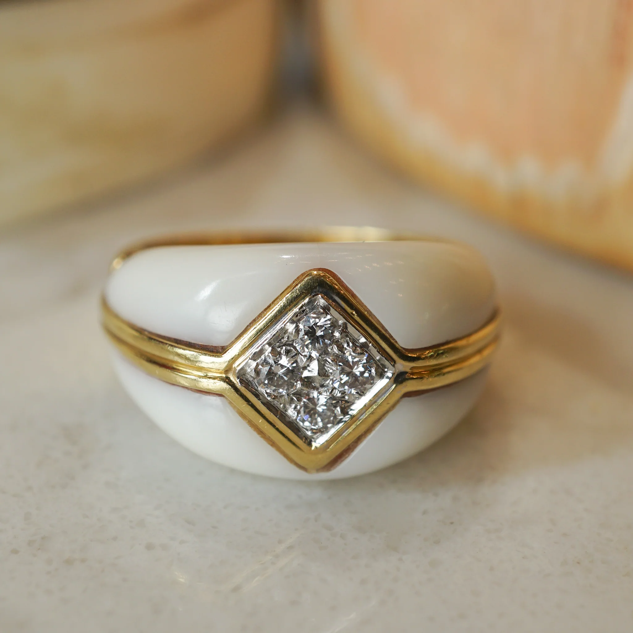 White Coral & Diamond Ring in 18k Yellow Gold - Image 6